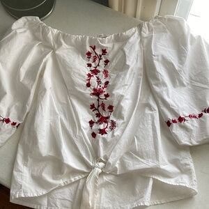 beachlunchlounge Off the Shoulders  Blouse with Red Embroidery